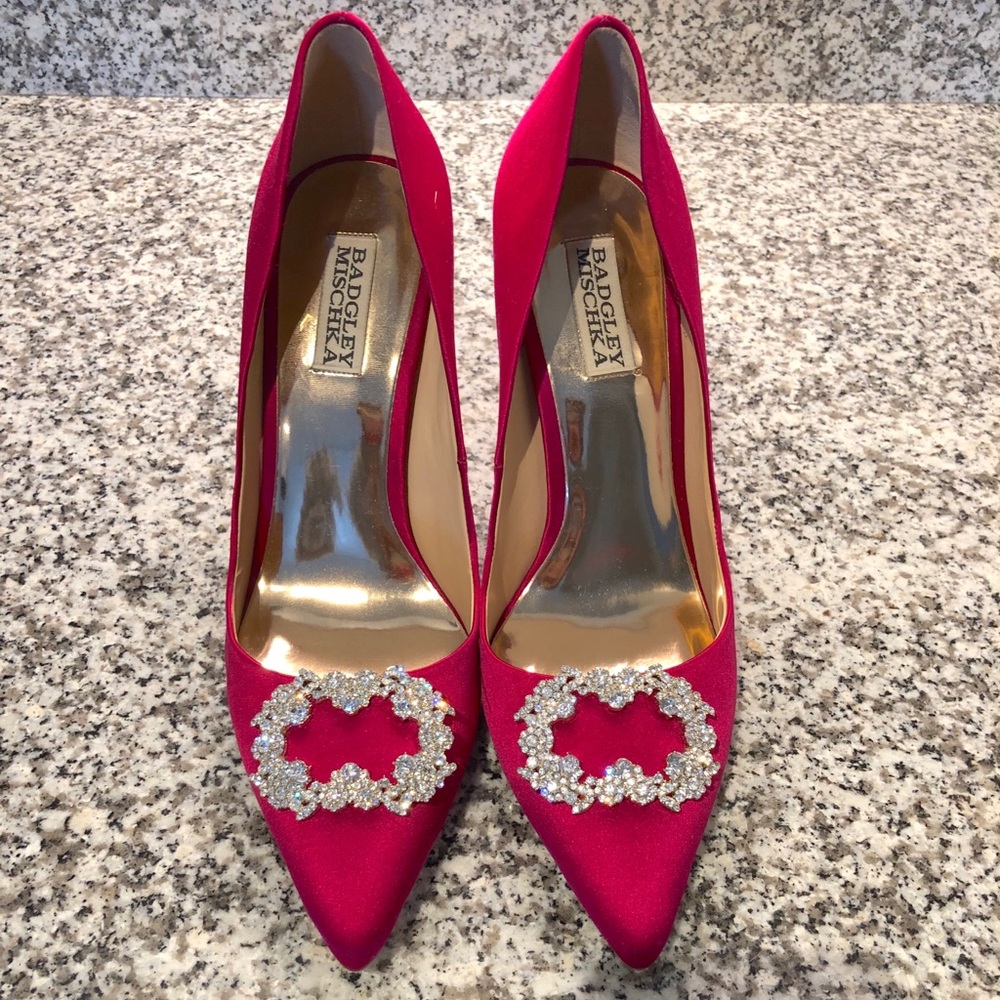 Badgley Mischka Jeweled Pink Satin Pumps